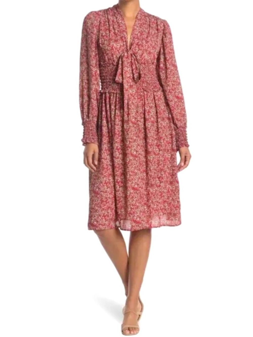 Max Studio Smocked Waist Midi Dress Red Floral Flowy V Neck Bow XS